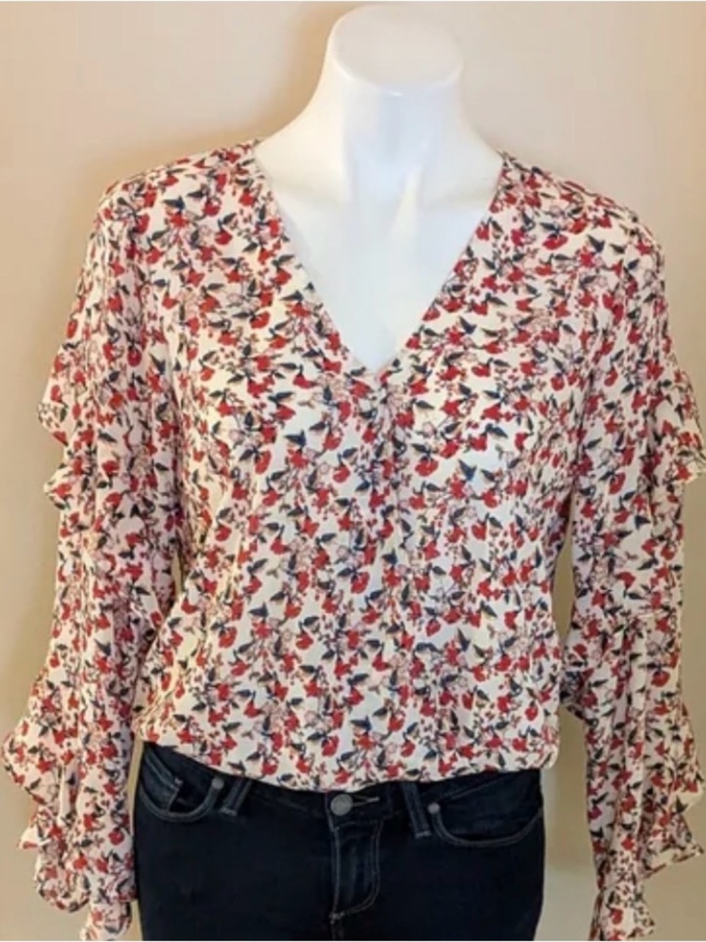 Max Studio Floral Ruffle Sleeve Wrap Blouse Size L